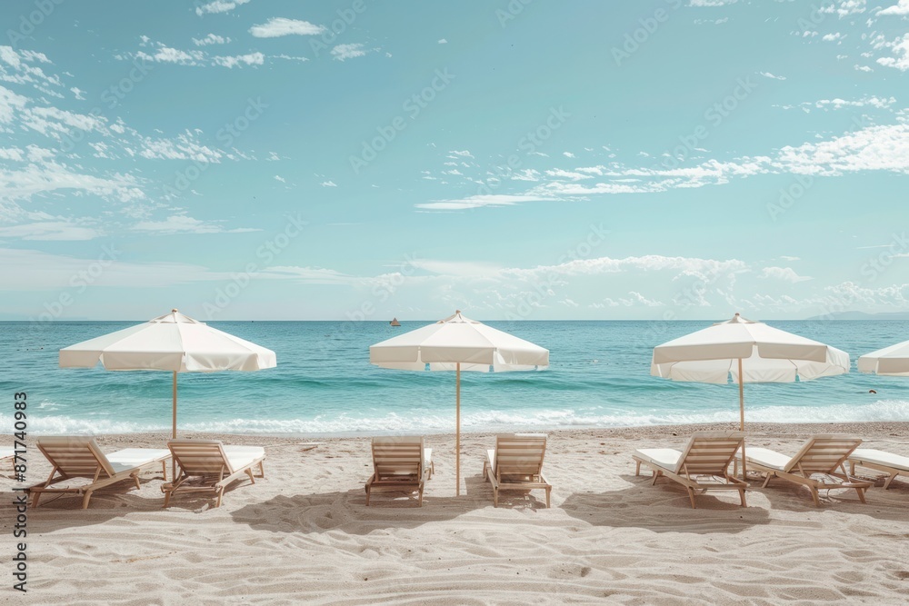 A beach scene with four white umbrellas and several lounge chairs A beach scene with four white umbrellas and several lounge chairs