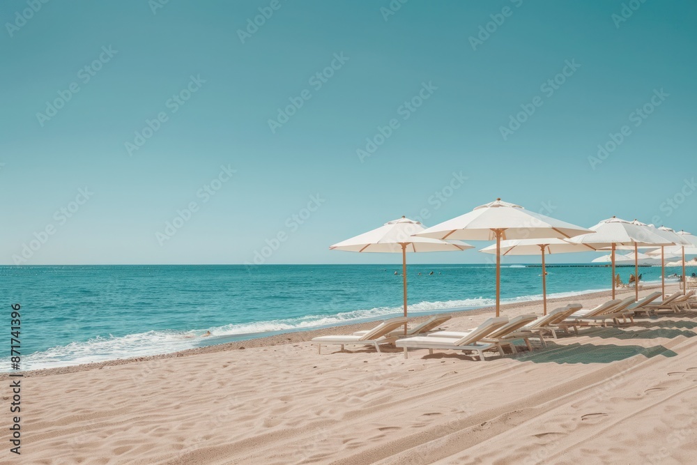 Obraz premium A beach with a large body of water and several white umbrellas