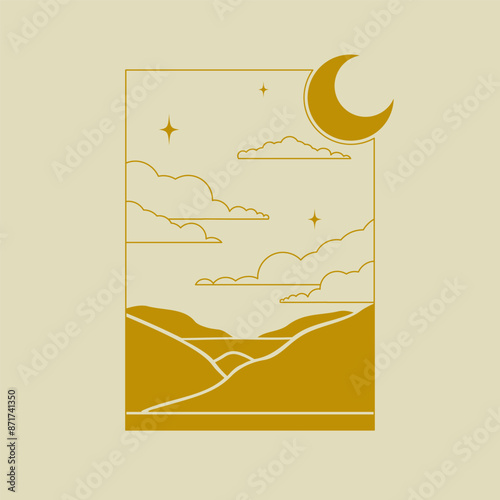 Minimalist logo design with mountains at night. Aesthetic desert silhouette 2d vector artwork.