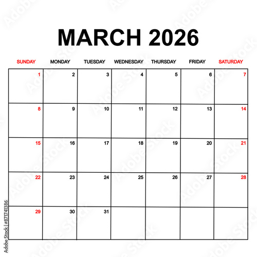 march 2026 with holydays or red dates. monthly calendar design with week starts on sunday. printable, simple, and clean vector design isolated on white background.