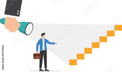 Live coaching, business consulting, HR management, career navigation or guideline to success concept. Businesswoman is looking forward at light beam on the stair step.


