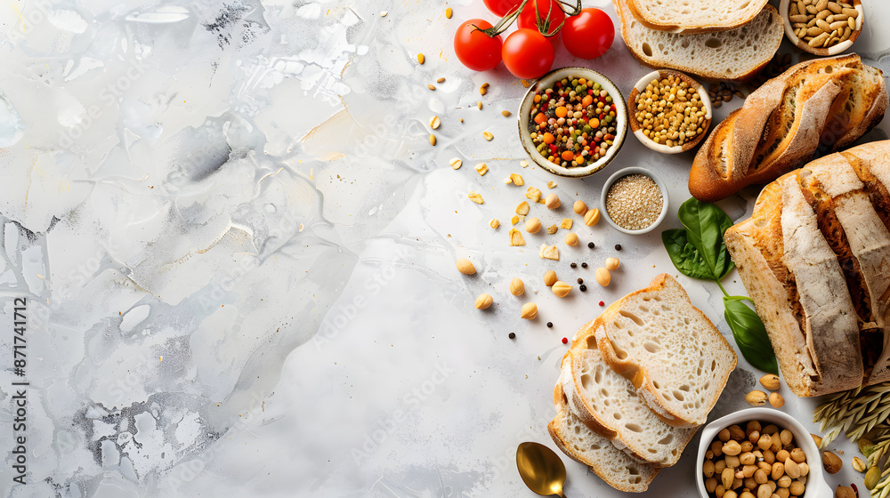 Assorted fresh bread and ingredients on marble background Assorted fresh bread and ingredients on marble background
