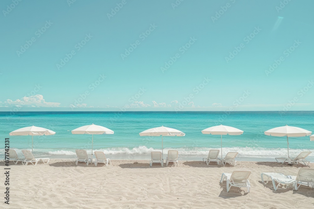 A beach scene with a row of white umbrellas and chairs