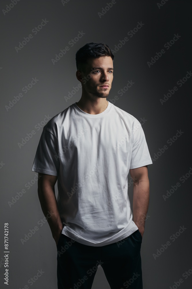 Young man in white t-shirt standing against dark background