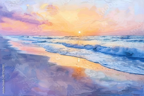 A painting of a beach with a sunset in the background