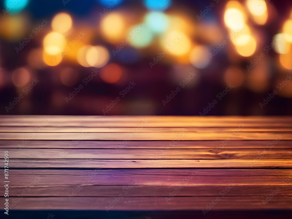 Empty wooden table with neon light bokeh background, night view, Empty wooden table with neon light bokeh background, night view,