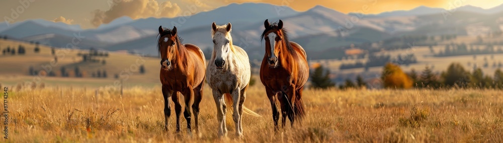 Majestic Horses Running in a Golden Field at Sunset with Mountainous Background