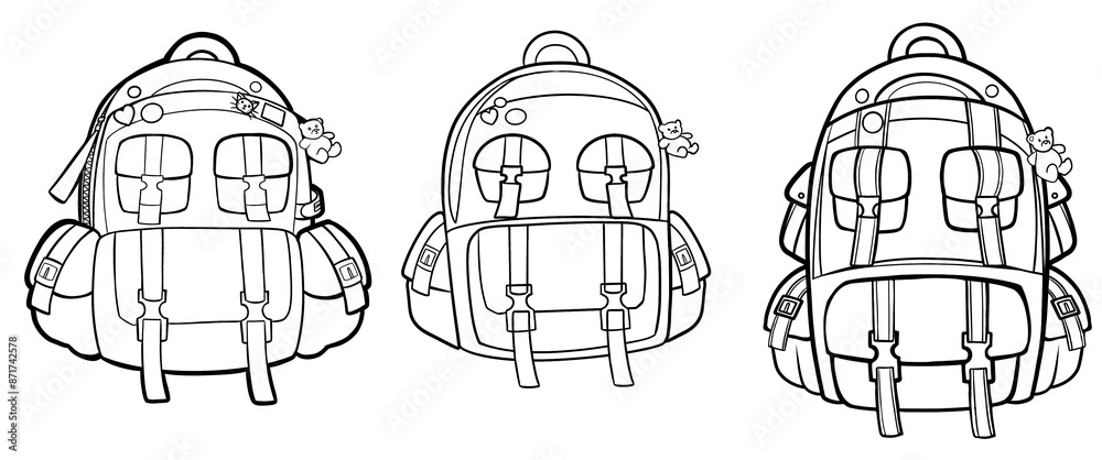 Set Line drawing backpack clip art game object children coloring thick thin contour stroke product design cartoon detailed 2D art flat illustration prop outline hiking sports bag fantasy flat style Set Line drawing backpack clip art game object children coloring thick thin contour stroke product design cartoon detailed 2D art flat illustration prop outline hiking sports bag fantasy flat style