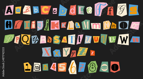 Set of colorful anonymous font. Magazine cutout alphabet. Cuts from newspaper. Letters on pieces of paper in different colors. Retro grunge criminal alphabet set. For anonymous message