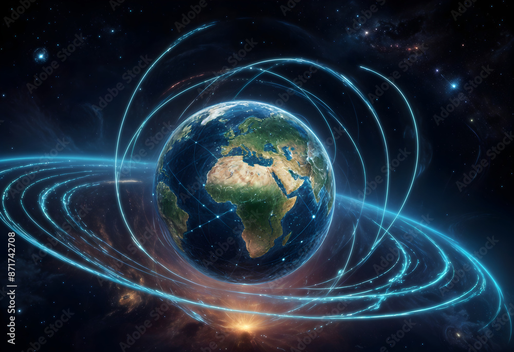 Obraz premium Earth communication network Concentric circles of radiating magnetism and wifi technology to create a global connection.