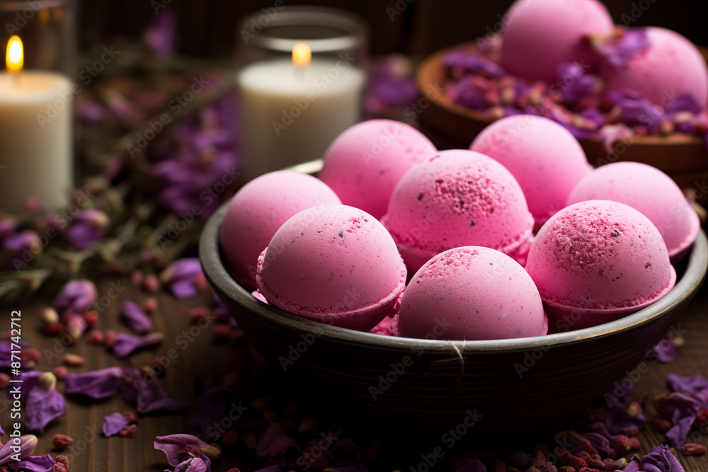 Bath bombs on the plate. Flowers and candles on the background. Cosmetics, beauty products for spa and relaxation. Bath bombs on the plate. Flowers and candles on the background. Cosmetics, beauty products for spa and relaxation.