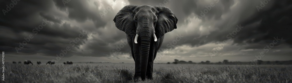Fototapeta premium Majestic Elephant in Dramatic Black and White Landscape with Stormy Sky