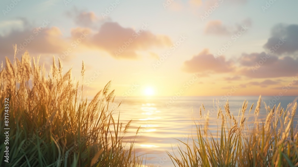 A serene sunset over a calm ocean with tall grass in the foreground. The sky is filled with soft clouds, and the sun is partially visible on the horizon, casting a warm glow over the water. A serene sunset over a calm ocean with tall grass in the foreground. The sky is filled with soft clouds, and the sun is partially visible on the horizon, casting a warm glow over the water.