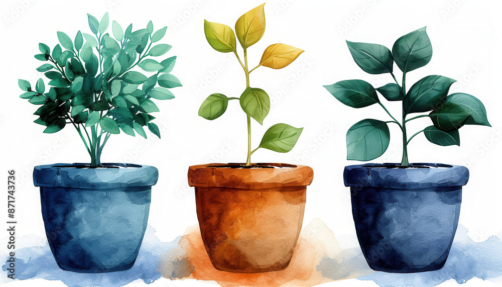 Fototapeta premium Three potted plants are shown in a row, each with a different color