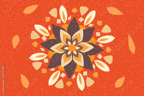 Floral design with flower in the center surrounded by petals and leaves. Vector illustration for print materials, decoration, textile.
