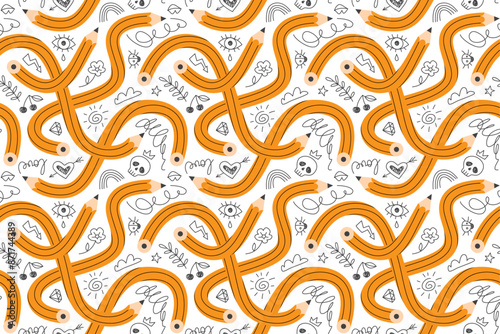 Funny seamless pattern with twisted yellow pencils and hand drawn doodles. Back to school background.