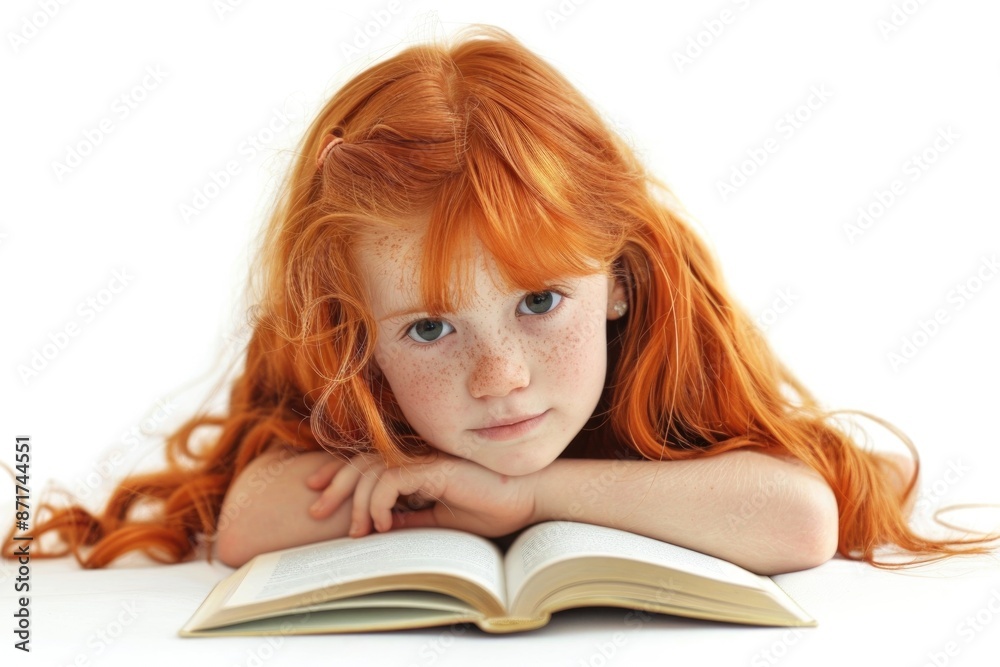 Girl Reading Isolated. Happy Little Redhead Girl Engrossed in a Book Girl Reading Isolated. Happy Little Redhead Girl Engrossed in a Book