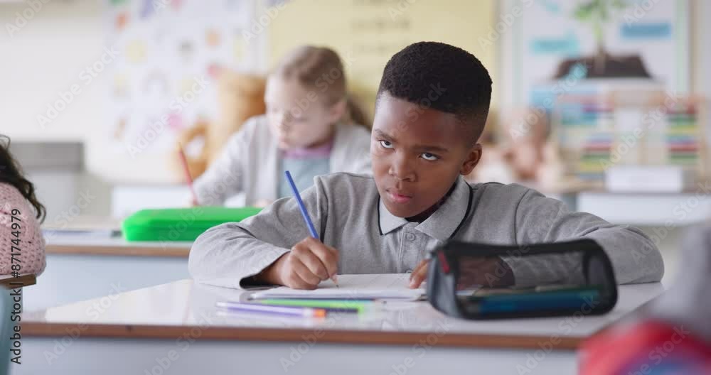 Boy, child and writing in classroom with counting, problem solving or exam for education at academy. African pupil, school kids and math notes in book for learning, scholarship and thinking for test Boy, child and writing in classroom with counting, problem solving or exam for education at academy. African pupil, school kids and math notes in book for learning, scholarship and thinking for test