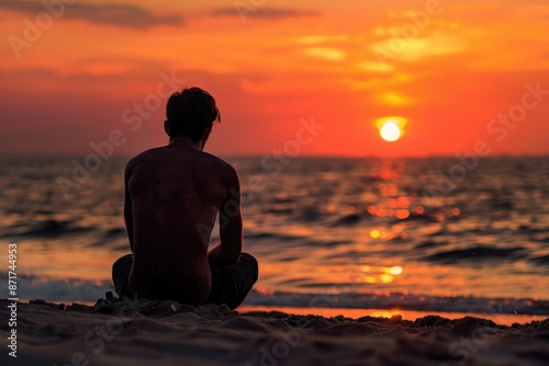 Thinking Pondering. Adult Man Sitting Alone Contemplating the Beautiful Sunset on Beach