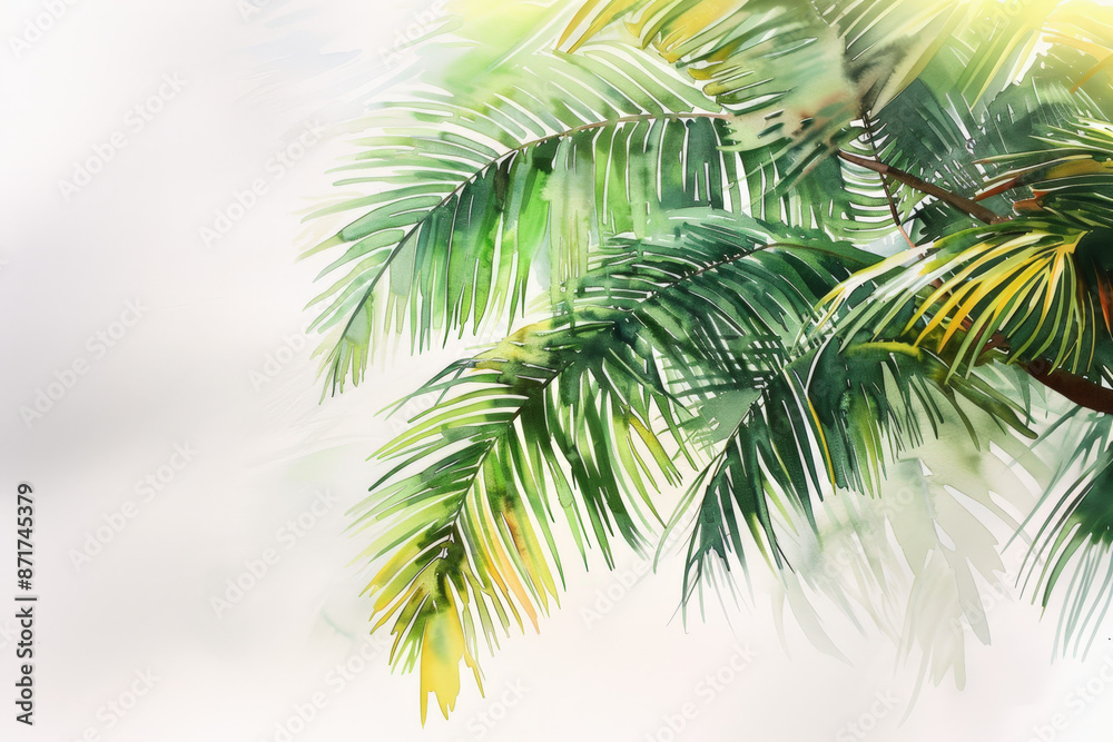 Fototapeta premium Watercolor painting showcasing vibrant green palm fronds, capturing the essence of tropical beauty