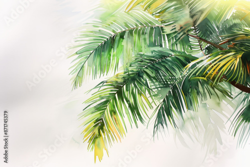 Watercolor painting showcasing vibrant green palm fronds, capturing the essence of tropical beauty