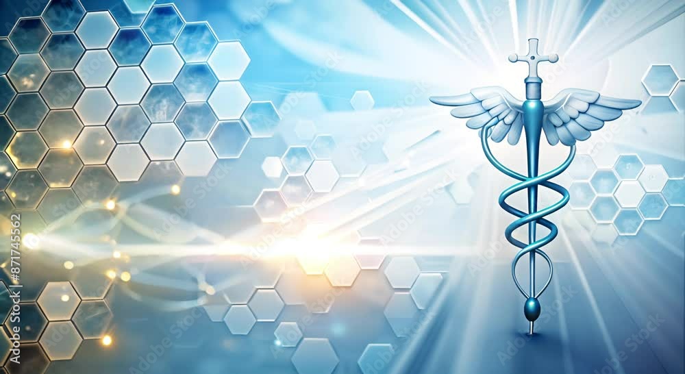 Caduceus symbol and hexagonal patterns, representing healthcare, medical research, and technology. Healthcare symbol with digital hexagon network, integration of technology in medicine
