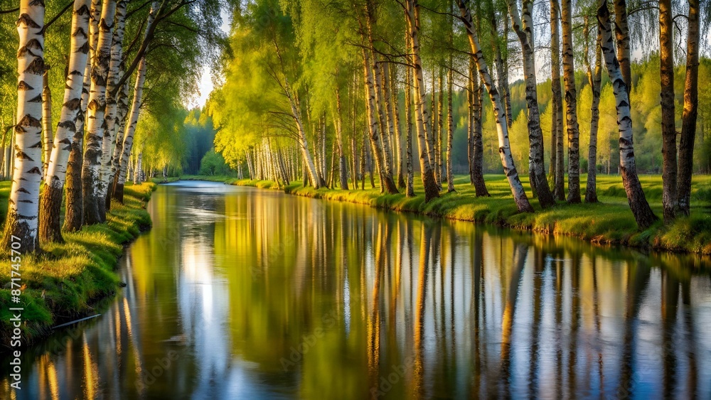 Birch trees by dark river