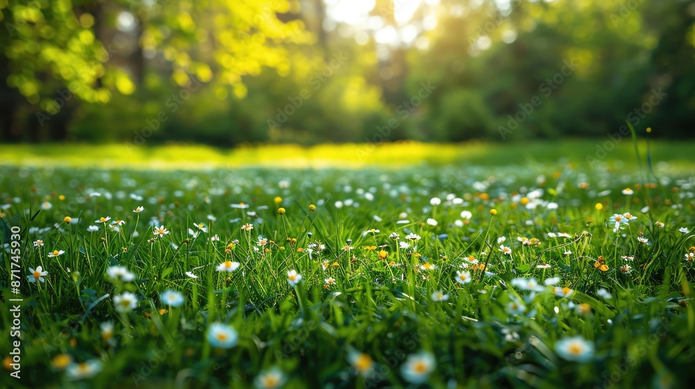 A serene spring meadow with blooming wildflowers and lush green grass, ample copy space