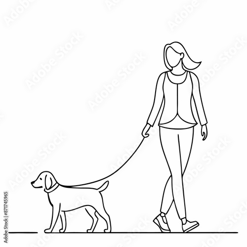 continuous single line drawing of a well-dressed smart woman walking with her dog vector art illustration (3)