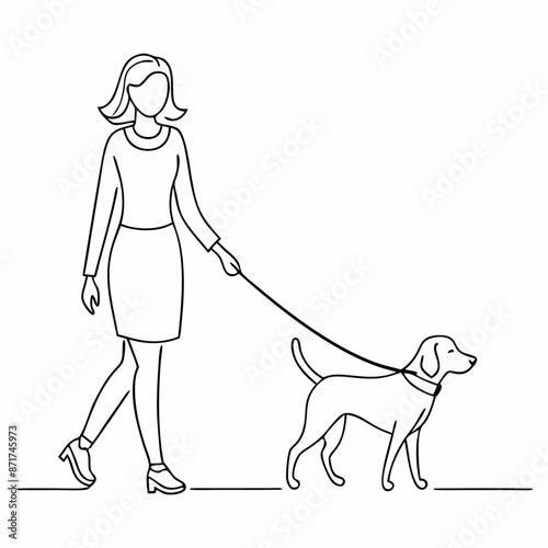 continuous single line drawing of a well-dressed smart woman walking with her dog vector art illustration (6)
