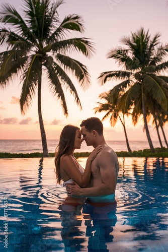 Romantic couple embracing in pool at sunset