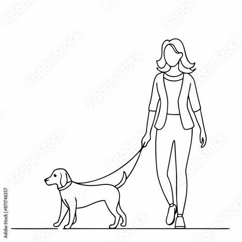 continuous single line drawing of a well-dressed smart woman walking with her dog vector art illustration (18)