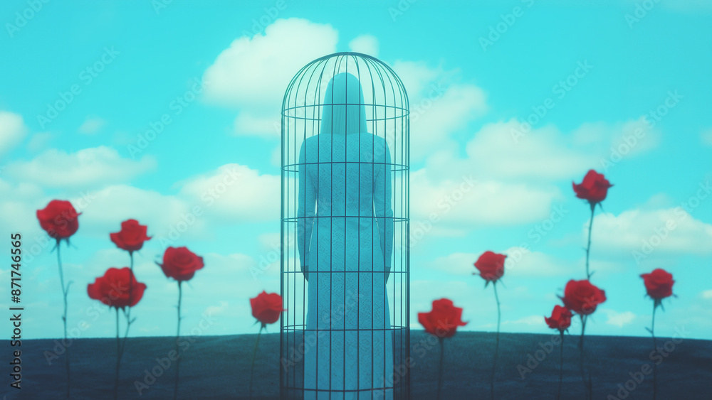 Obraz premium Woman trapped in a cage on rose field. Conceptual illustration.