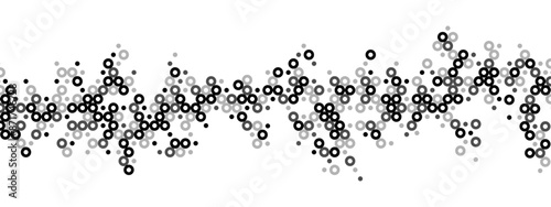 Halftone abstract background of hollow dots. Mosaic texture of random particles. Chaotic ornament. Linear pattern. Design of banner, poster on website, frame for social networks. Vector illustration
