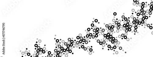 Halftone abstract background of hollow dots. Mosaic texture of random particles. Chaotic ornament. Linear pattern. Design of banner, poster on website, frame for social networks. Vector illustration