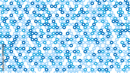 Blue abstract background of hollow dots. Mosaic texture of random particles. Chaotic ornament. Linear pattern. Design of  banner, poster on website,  social networks. Vector illustration 