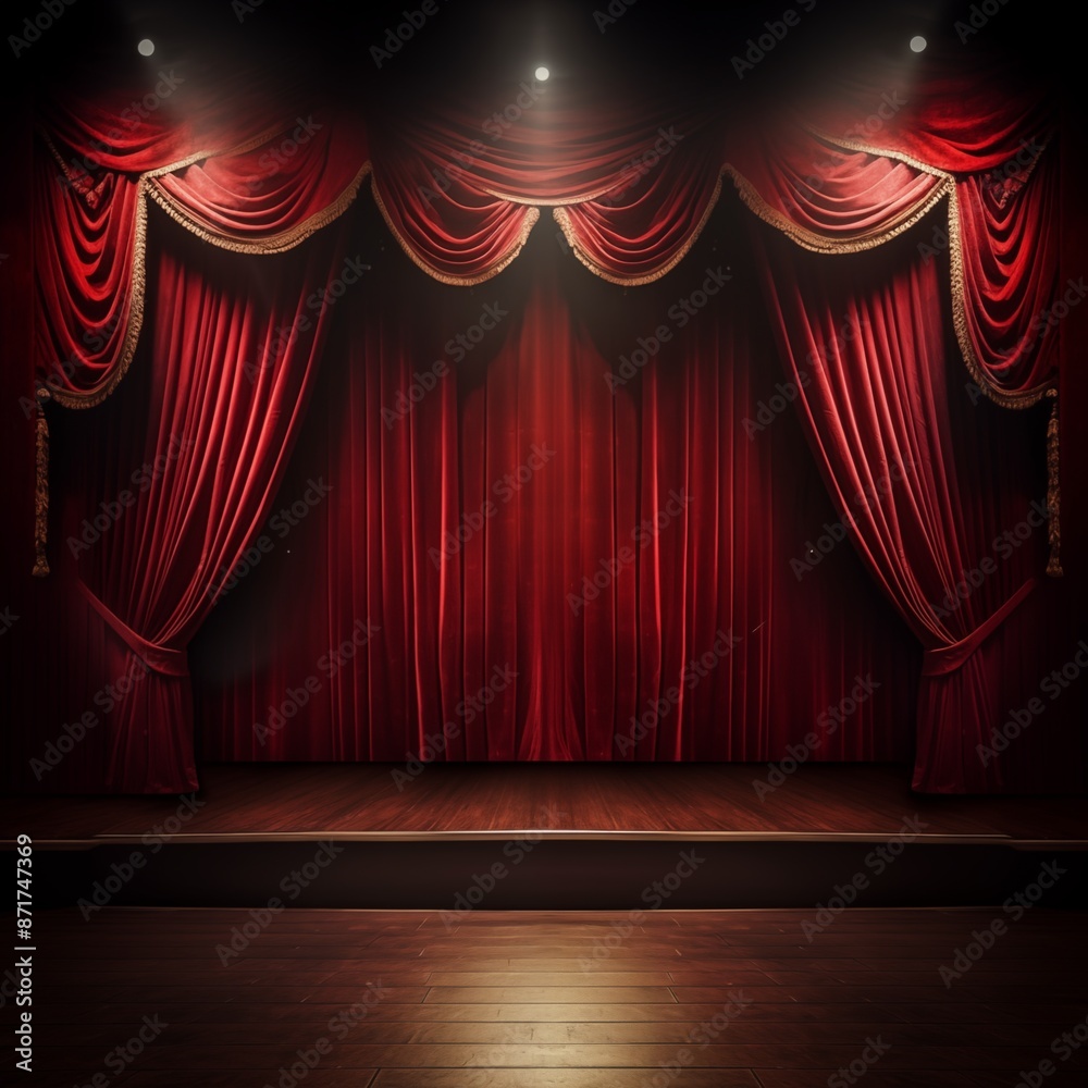Fototapeta premium Red curtains on wooden stage. Premiere and award presentation. Show and cinema performance.