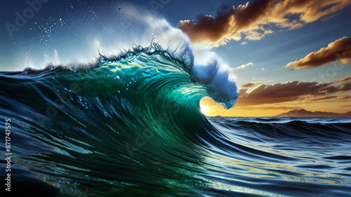 A seagreen sea wave rolls towards the shore photo