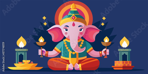 Ganesha celebrating diwali holding oil lamps with candles burning on each side, illustration for diwali festival greeting