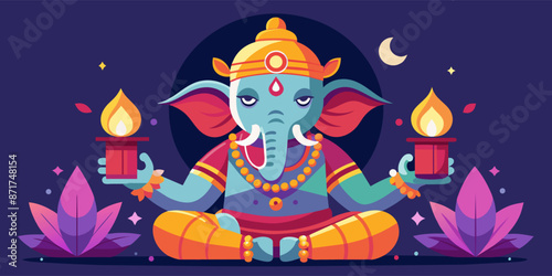 Ganesha, the hindu god of wisdom and prosperity, is celebrating diwali, the festival of lights, by holding a candle and sitting in a meditative pose