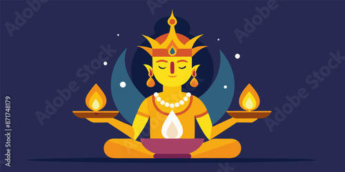 Illustration of a hindu god meditating in lotus position, holding oil lamps, with a crown and a necklace, celebrating diwali festival