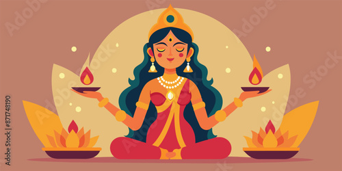 Illustration of lakshmi, hindu goddess of prosperity, wealth and fortune, holding diya oil lamps during diwali, the festival of lights