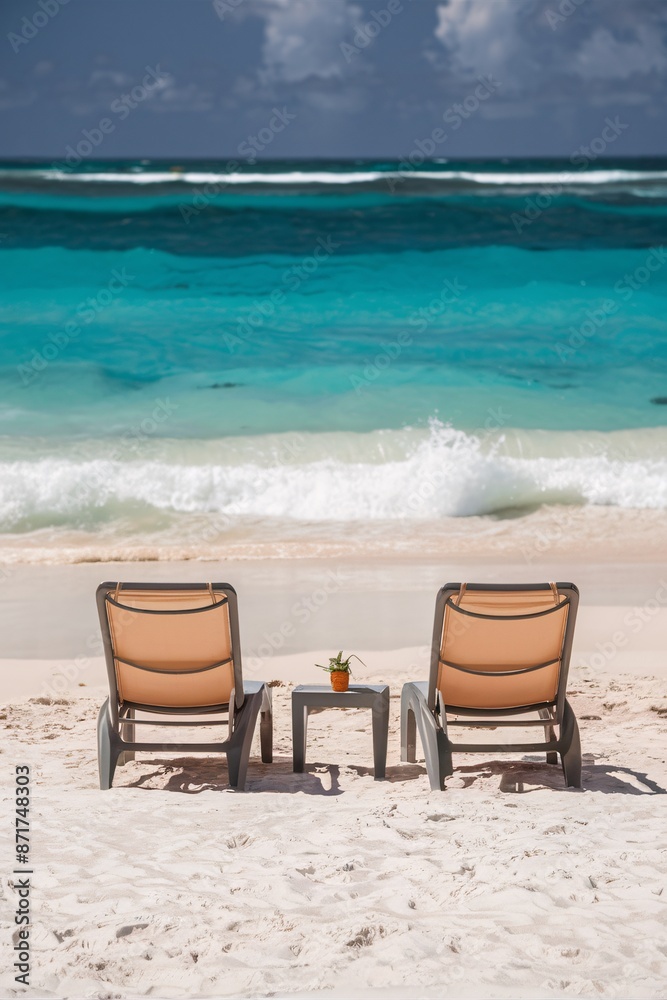 Lounge chairs on a tropical beach facing the ocean Lounge chairs on a tropical beach facing the ocean
