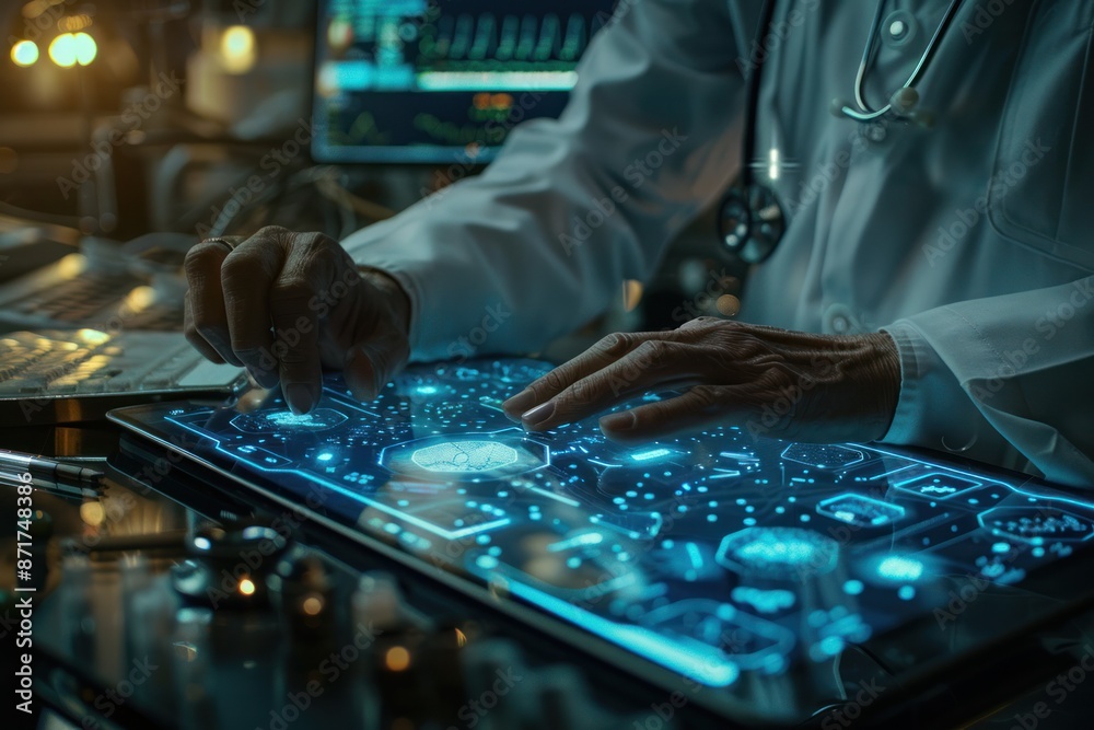 A doctor is using a tablet to look at a patient's medical records A doctor is using a tablet to look at a patient's medical records