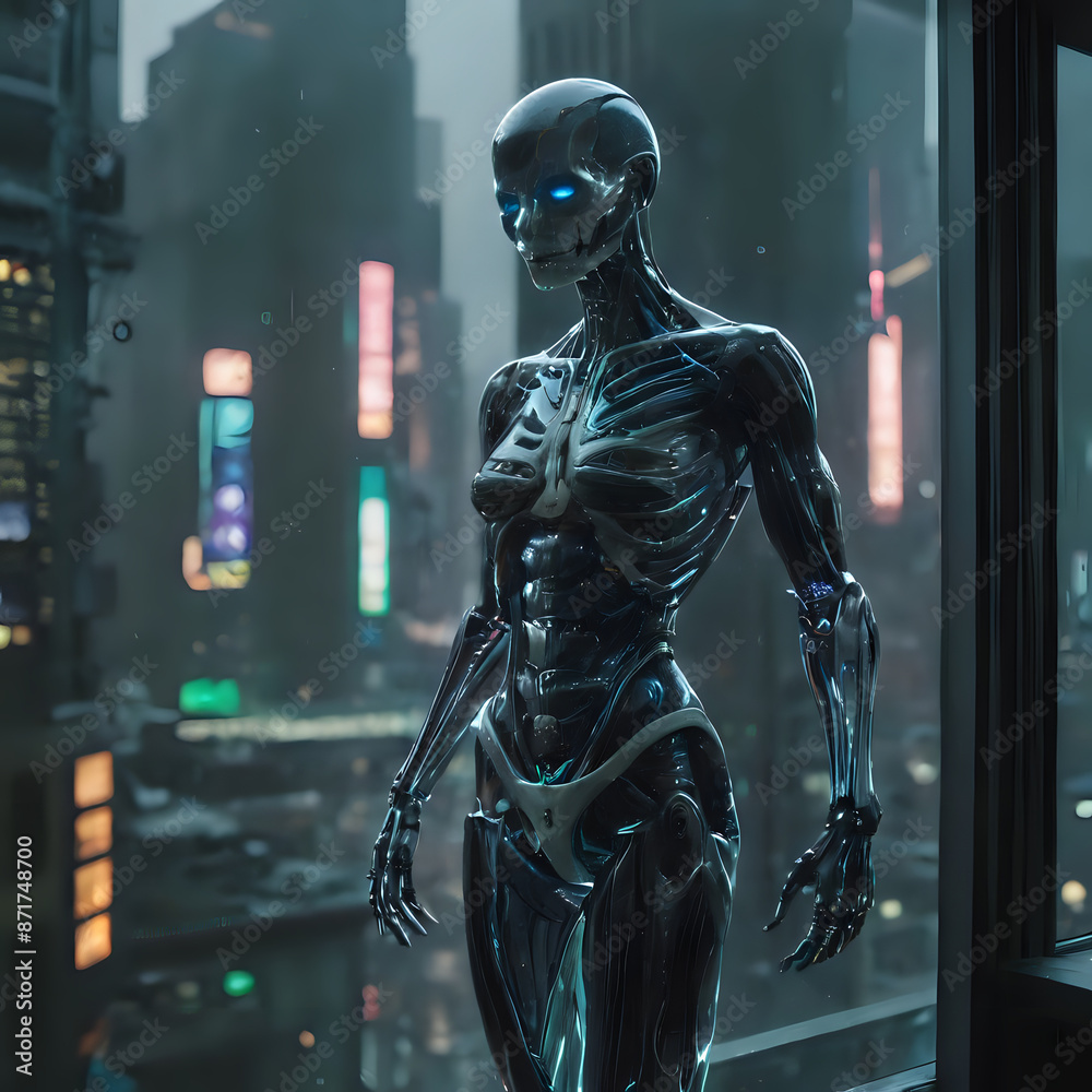 a robot standing in front of a window in a city a robot standing in front of a window in a city