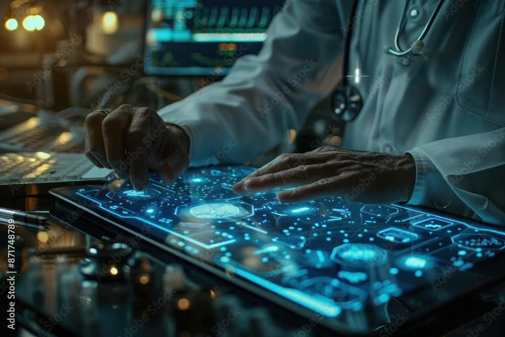 A doctor is using a tablet to look at a computer screen with a lot of numbers A doctor is using a tablet to look at a computer screen with a lot of numbers