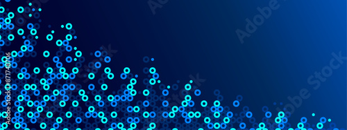 Neon blue abstract background of hollow dots. Mosaic texture of random particles. Chaotic ornament. Linear pattern. Design of banner, poster on website, frame for social networks. Vector illustration