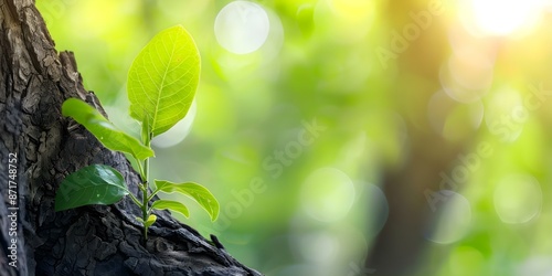 Symbolism of Plumule Leaf Growing from Tree in Relation to Finance, Saving, and Investment. Concept Plumule Leaf Growth, Symbolism, Finance, Saving, Investment photo