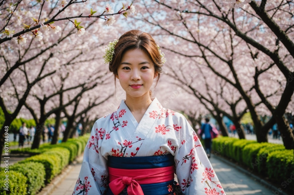 Portrait of Young qmiling Japanese woman in traditional Yukata dress stroll full bloom cherry blossom season Portrait of Young qmiling Japanese woman in traditional Yukata dress stroll full bloom cherry blossom season
