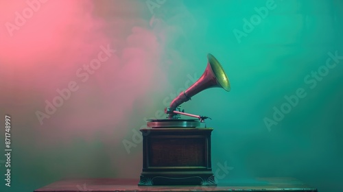 Old style vintage gramophone. Minimal retro 80's concept. Old-fashioned vinyl at neon pink and blue background. Antique store. 70s design. Music stereo. photo